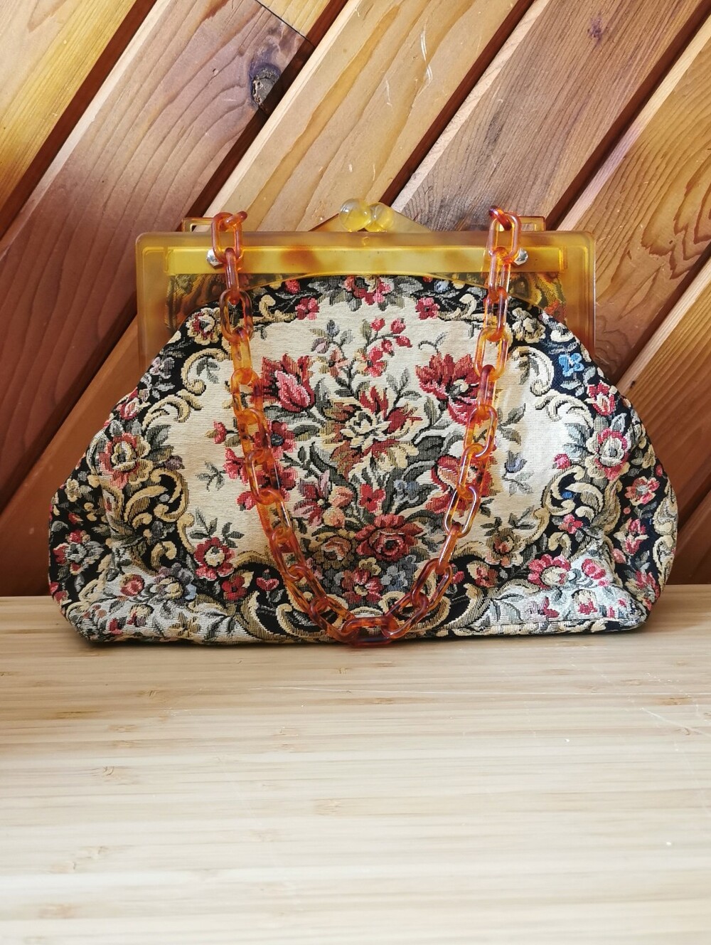 Vintage French Tapestry Purse Amber Lucite Frame Chain Handle Made in France